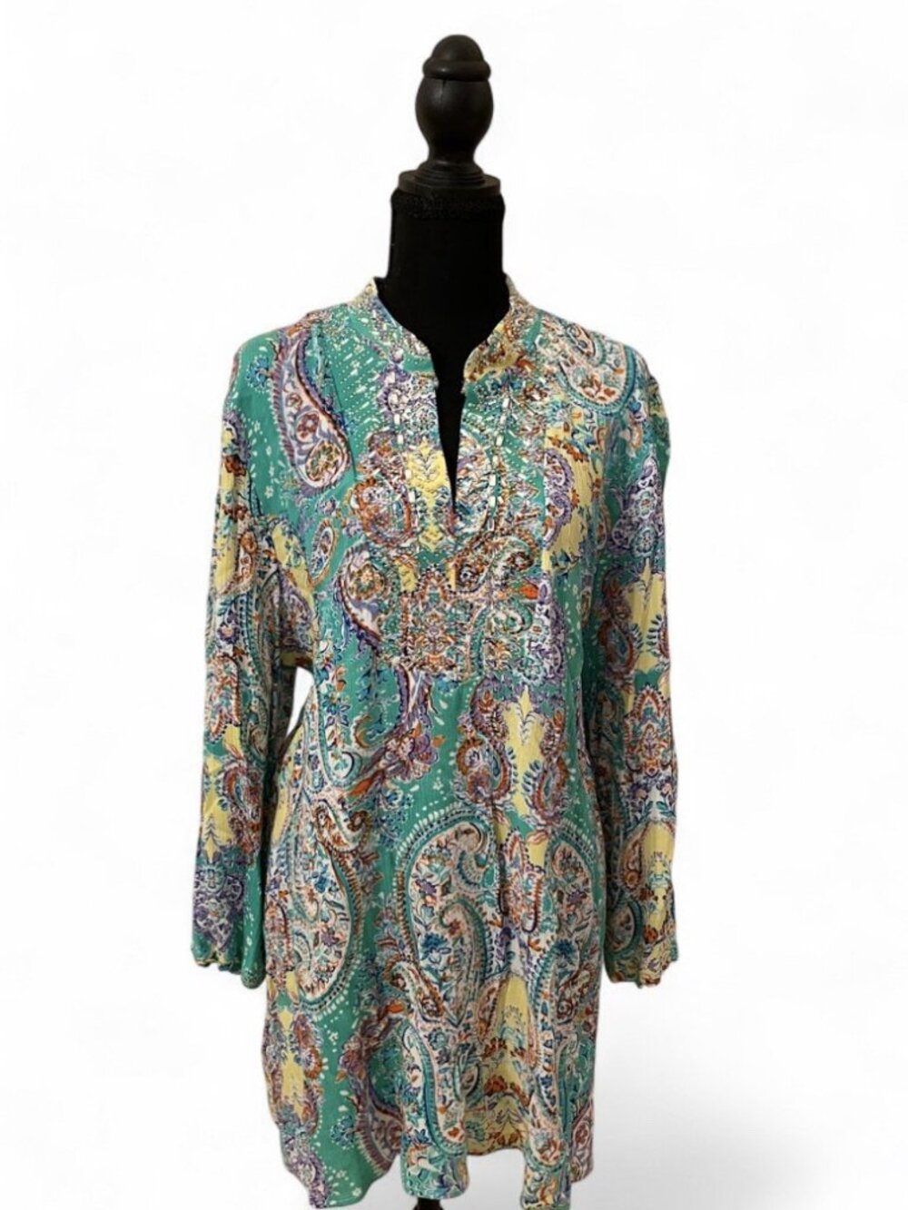 Peck & Peck Sparkly Colorful Paisley Tunic Resortwear Top Flowy Jewels Party, L